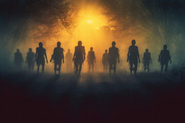 Fototapeta na wymiar Silhouette of a horde of zombies walking towards the camera out of the mist. Generative ai