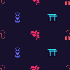 Set Uneven bars, Location gym, Smart watch with heart and Jump rope on seamless pattern. Vector