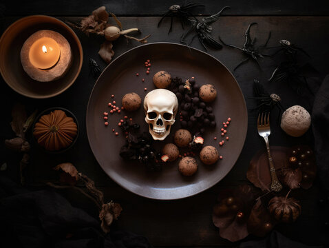 Halloween decoration with skull and chocolate candies on black wooden background