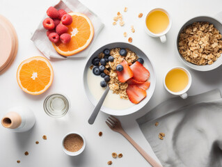 Obraz na płótnie Canvas Healthy breakfast with oatmeal, berries and milk on white background