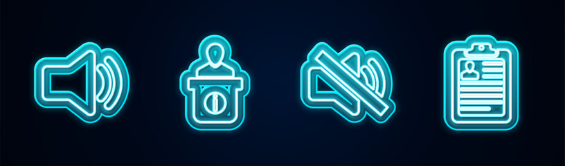 Set line Speaker volume, Information desk, mute and Clipboard with resume. Glowing neon icon. Vector