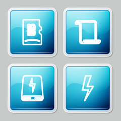 Set line Micro SD memory card, Paper scroll, Power bank and Lightning bolt icon. Vector