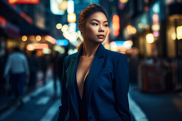 Obraz premium Sexy successful asian female walks down a bustling city street, surrounded by skyscrapers and the energy of a vibrant urban landscape. Woman's power and strength. AI generated image