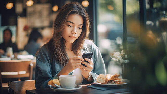 Young woman reading the messages while enjoying her coffee in a small cozy cafe. AI generated image