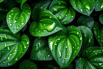Fototapeta premium Green leaves adorned with fresh raindrops, captured in high detail backdrop, wallpaper.