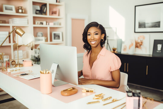 Successful woman embraces her entrepreneurial spirit by launching her own online business. She is seen confidently managing operations from her home office. Woman's power and strength. AI-generated im
