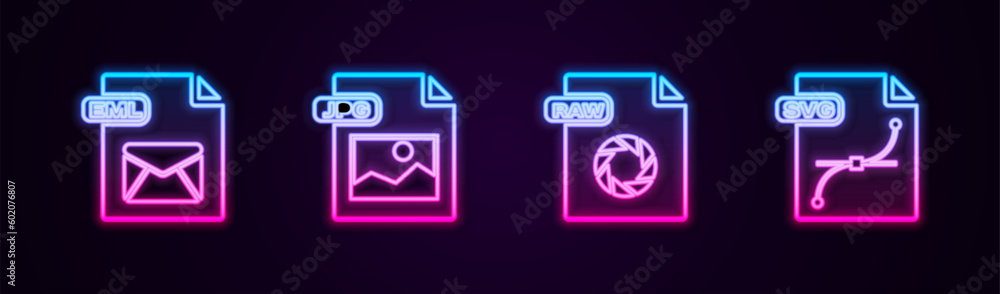 Poster Set line EML file document, JPG, RAW and SVG. Glowing neon icon. Vector