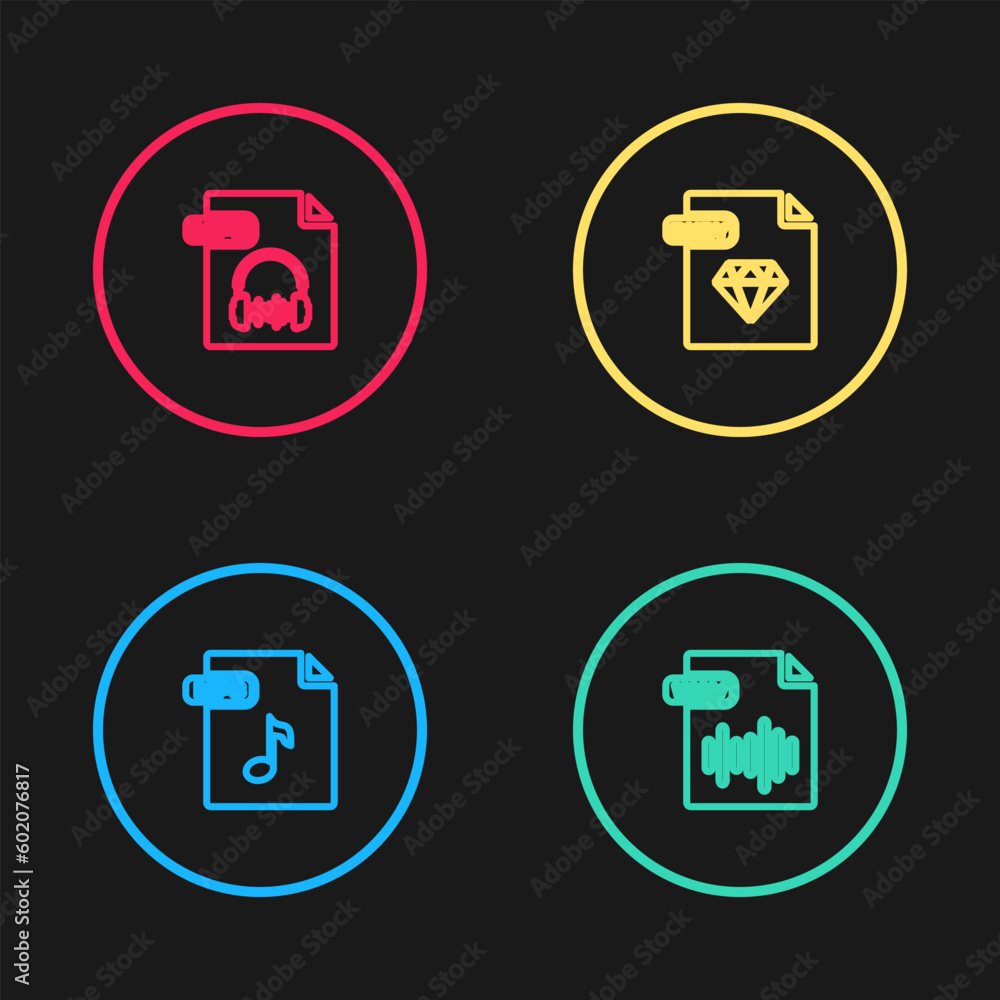 Poster set line mp3 file document, wav, ruby and icon. vector