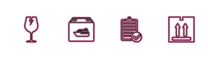 Set line Fragile broken glass, Verification of delivery list, Cargo ship with boxes and Cardboard traffic icon. Vector