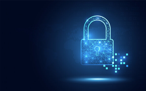 Cyber security padlock blue abstract digital binary code background. Decoding technology and Computer network protection concept. New futuristic system technology sign and symbol. Vector illustration.