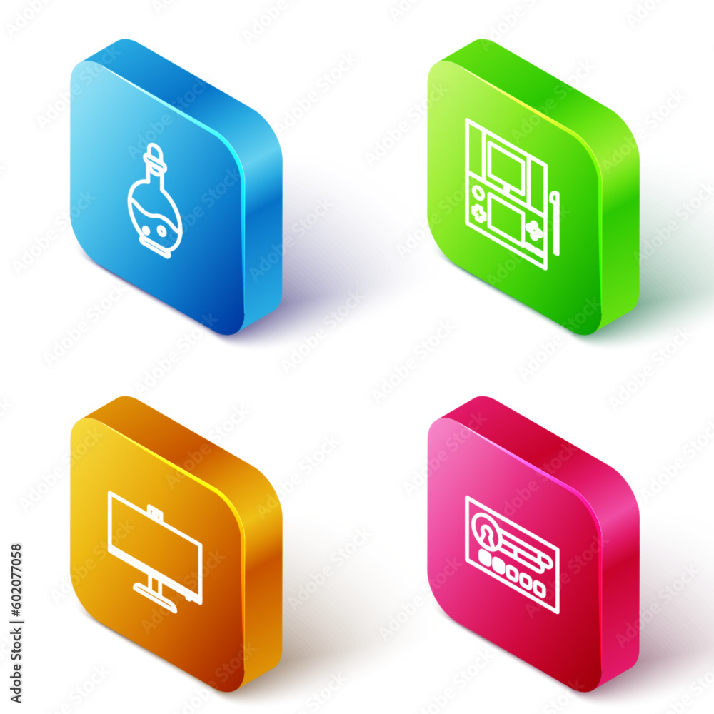 Poster set isometric line bottle with magic elixir, portable video game console, computer monitor and creat