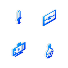 Set Isometric line Chest for game, Sword, Live streaming online and Bottle with magic elixir icon. Vector