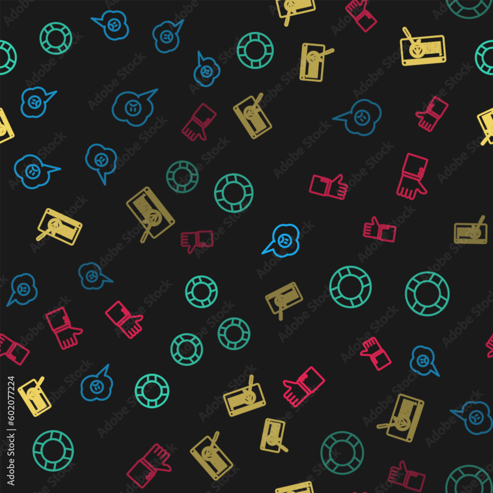 Poster set line speech bubble with sad smile, lifebuoy, system bug concept and dislike on seamless pattern.