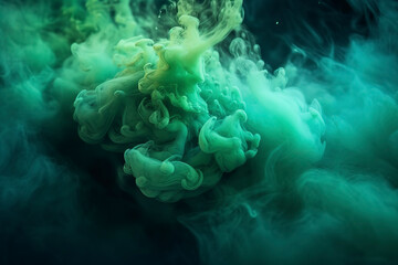 Fototapeta na wymiar Color mist, resembling an ink in water, creates a haze texture against a dark black background.
