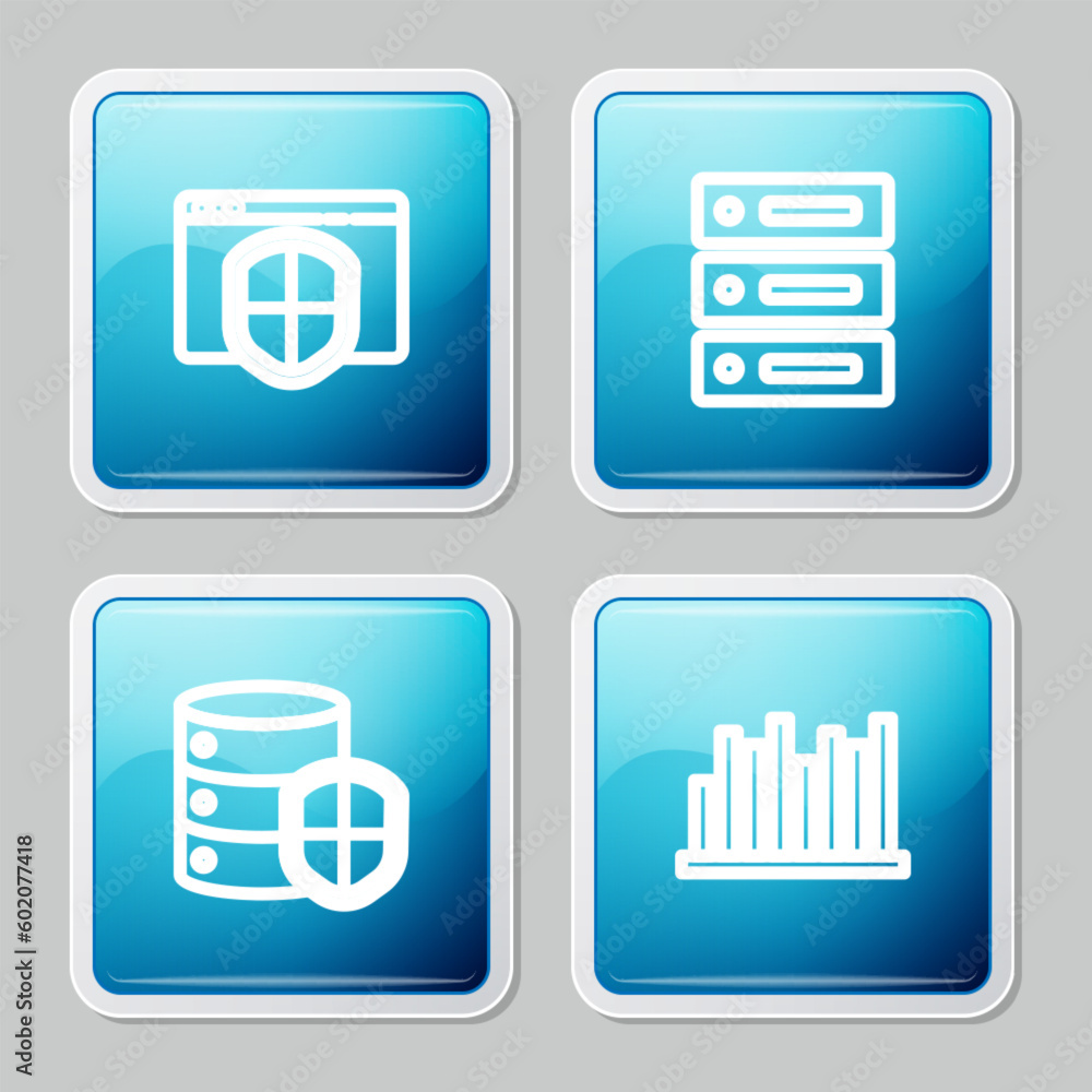 Poster set line browser with shield, server, data, web hosting, and pie chart infographic icon. vector