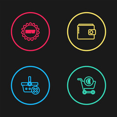 Set line Remove shopping basket, Shopping cart and euro, Wallet and Price tag with text New icon. Vector