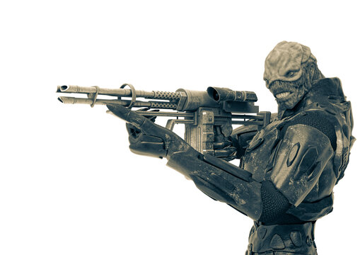 reptilian officer pointing a rifle in white background