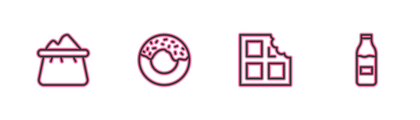 Set line Bag of flour, Chocolate bar, Donut and Bottle with milk icon. Vector
