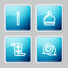 Set line Burning candle, Muslim Mosque, Decree, paper, parchment, scroll and Star crescent icon. Vector