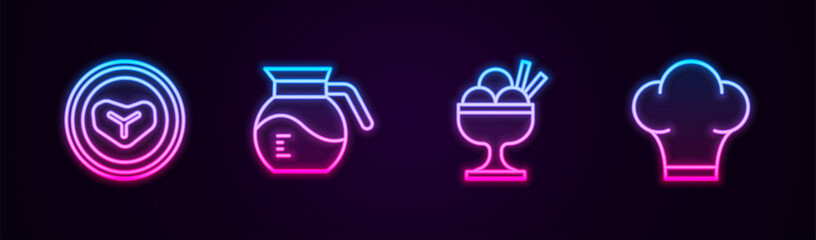 Set line Steak meat on a plate, Coffee pot, Ice cream in bowl and Chef hat. Glowing neon icon. Vector