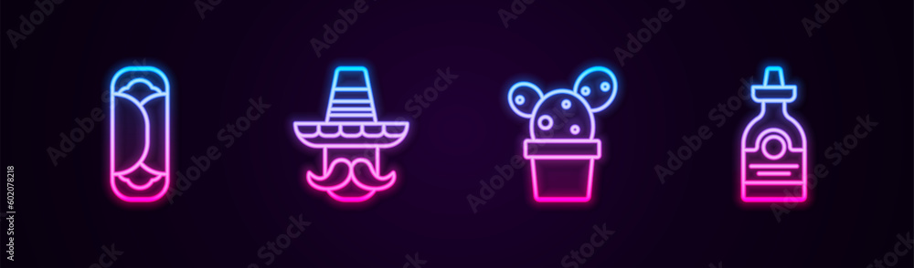 Poster set line burrito, mexican man sombrero, cactus or succulent in pot and tequila bottle. glowing neon 