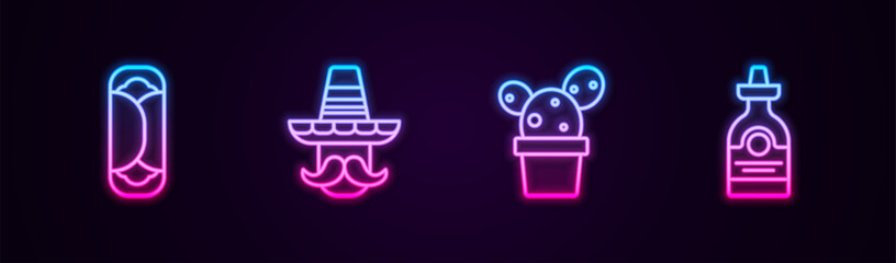 Set line Burrito, Mexican man sombrero, Cactus or succulent in pot and Tequila bottle. Glowing neon icon. Vector