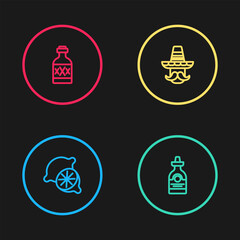 Set line Lime, Tequila bottle, Mexican man sombrero and icon. Vector