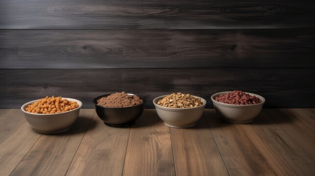 Dry and Wet Pet Food in Feeding Bowls on Wooden Floor
