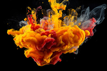 Ink drop, presenting a fluid explosion in the midst of motion. The splash of yellow, red, and orange color liquid forms a smoke cloud blast against a dark black abstract art background.