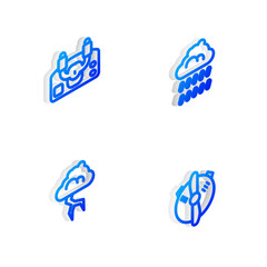 Set Isometric line Cloud with rain, Aircraft steering helm, Storm and Plane propeller icon. Vector