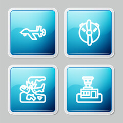 Set line UAV Drone, Plane propeller, crash and Airport control tower icon. Vector