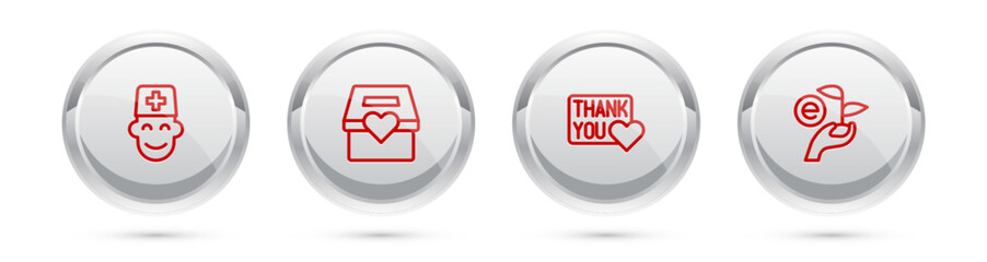 Set line Male doctor, Donation and charity, Thank you with heart and Leaf in hand. Silver circle button. Vector