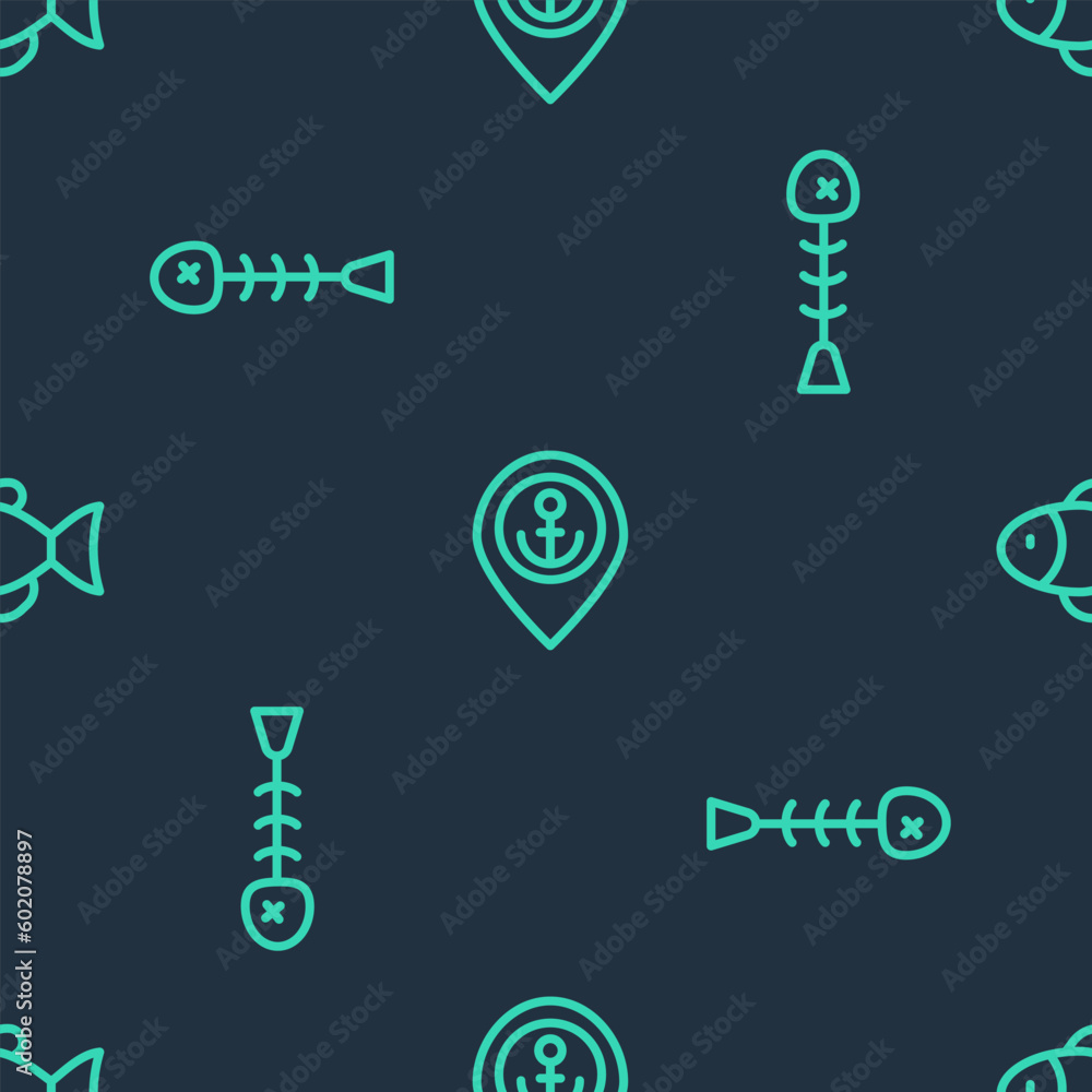 Poster set line location with anchor, dead fish and fish on seamless pattern. vector