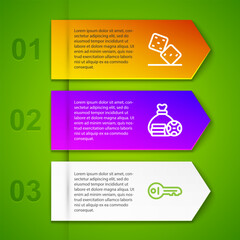 Set line Game dice, Money bag and Old key. Business infographic template. Vector