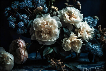 white and blue flowers on a black background