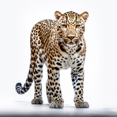 Beautiful leopard full length on white background. Big cat photo. Wild animal predator. Generative Ai.