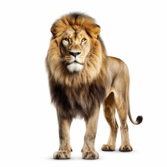 Beautiful lion full length on white background. Big cat photo. Wild animal predator. Generative Ai.