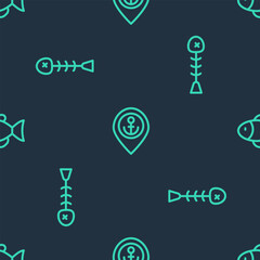 Set line Location with anchor, Dead fish and Fish on seamless pattern. Vector