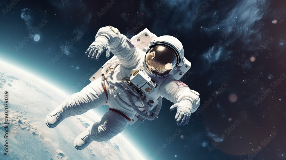 Poster futuristic astronaut in an open space environment with planet earth in the background. the astronaut