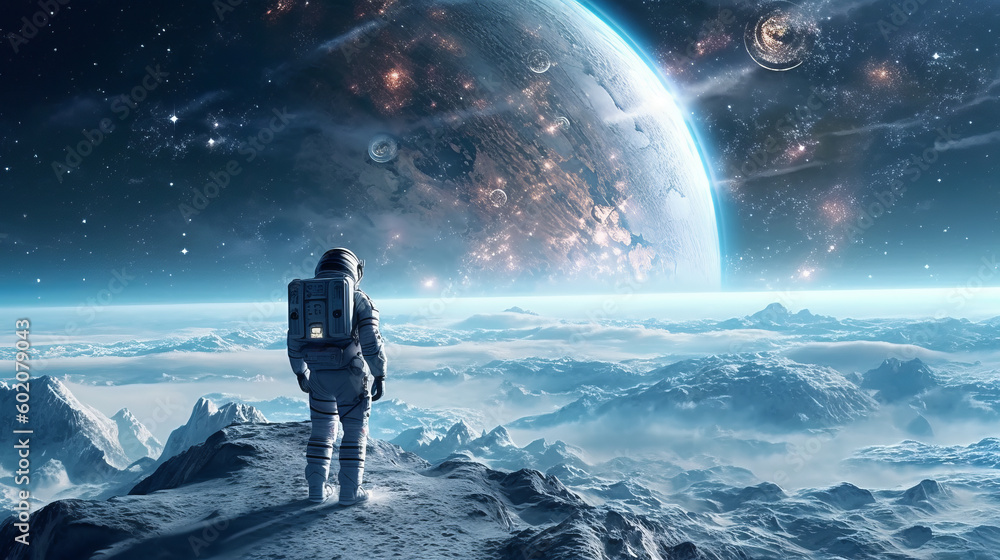 Wall mural scene of an astronaut standing on an unknown icy planet with a breathtaking landscape. the astronaut
