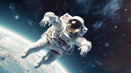 Fototapeta na wymiar Futuristic astronaut in an open space environment with planet Earth in the background. The astronaut is wearing a sleek, high-tech space suit. Generative Ai.