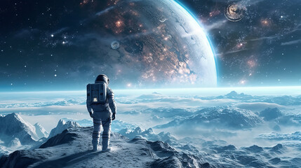 Scene of an astronaut standing on an unknown icy planet with a breathtaking landscape. The astronaut is wearing a futuristic space suit with a helmet. Generative Ai - 602079043