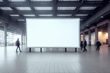 An empty blank billboard or advertising poster in a train station with blurred people. Generative ai