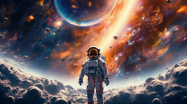 Premium Photo  Astronaut on the hill a spaceman standing on a hill  surrounded by floating rocks digital art style illustration painting