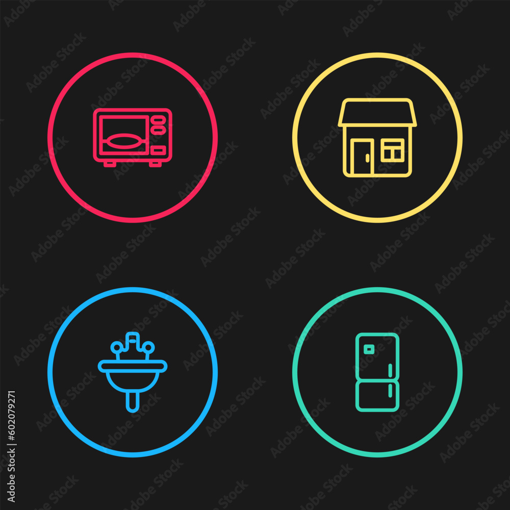 Sticker Set line Washbasin, Refrigerator, House and Microwave oven icon. Vector