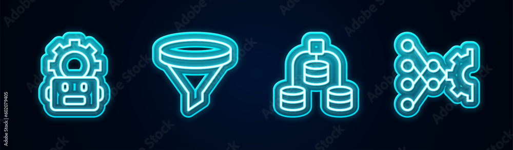 Poster set line robot setting, funnel or filter, server, data and neural network. glowing neon icon. vector