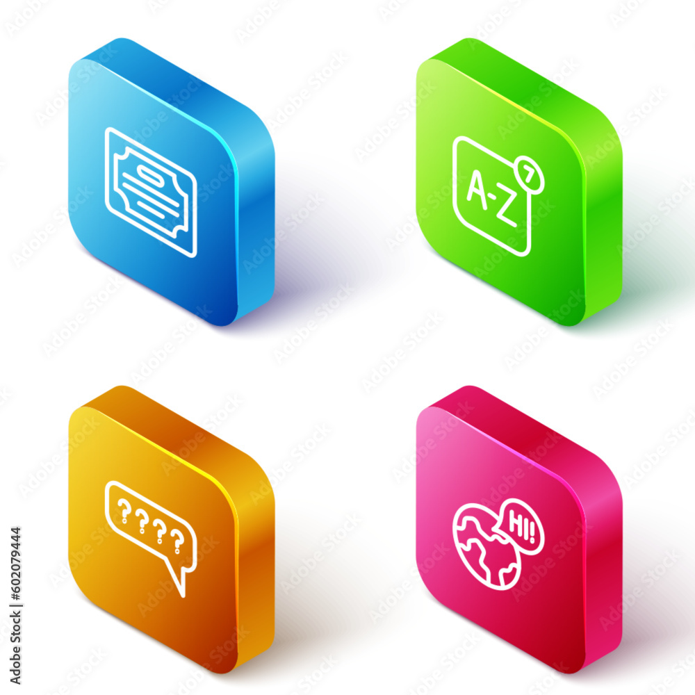 Poster set isometric line certificate template, online translator, speech bubbles with question and learnin