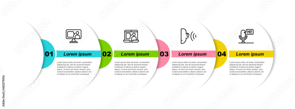 Poster set line foreign language online study, ear listen sound signal and microphone voice device. busines