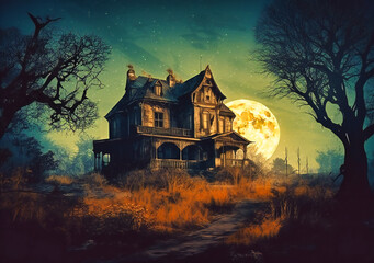 Fototapeta na wymiar night haunted house background full moon