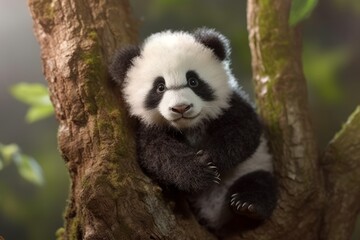 Obraz premium Adorable Baby Panda Climbing Tree